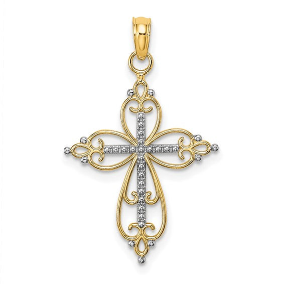 10K Two-Tone Beaded Cross Pendant