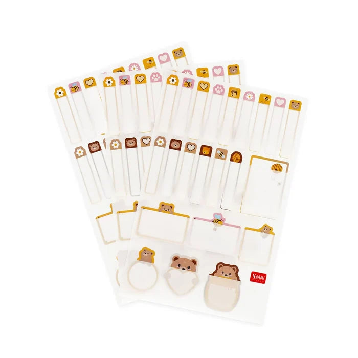 Set of stationery labels with bear designs on a white background
