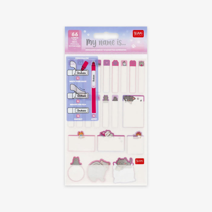 A package of 66 cute cat-themed nametag stickers.