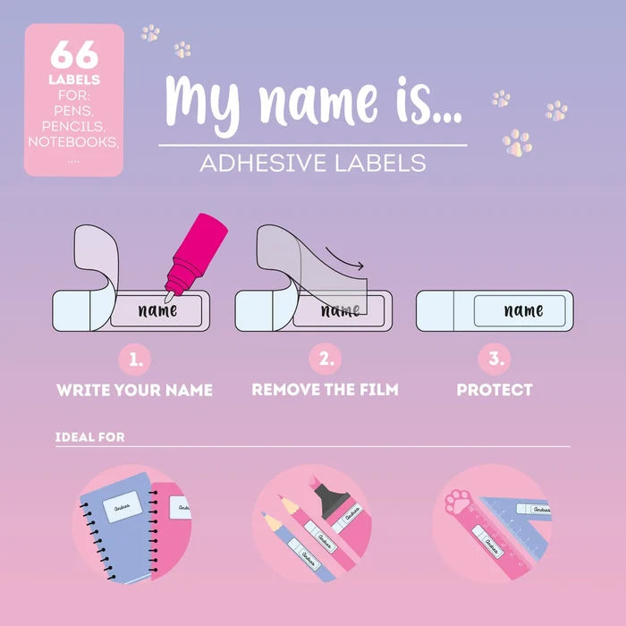 Instructions for using adhesive name labels on pens, pencils, and notebooks with a pink and purple gradient background.