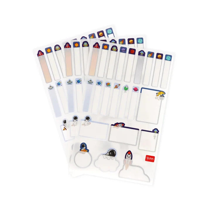 A colorful set of name labels with protective film with various space designs on a white background