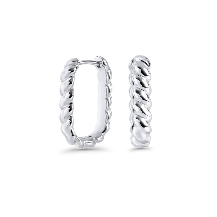 Silver stainless steel twisted hoop earrings with bold textured design, hypoallergenic earrings for sensitive ears, non-tarnish durable everyday fashion jewelry, modern minimalist luxury jewelry Canada.