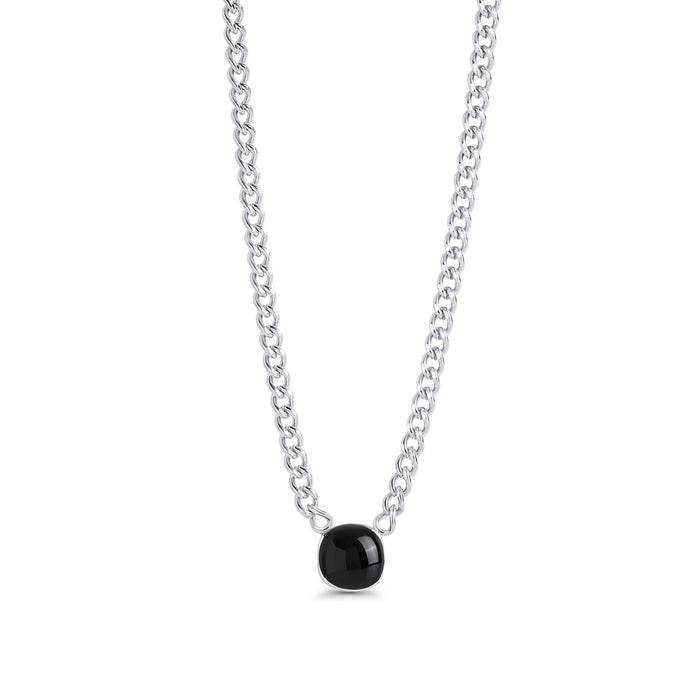 Silver stainless steel chain necklace with black onyx square pendant, bold minimalist statement jewelry, hypoallergenic non-tarnish durable design.