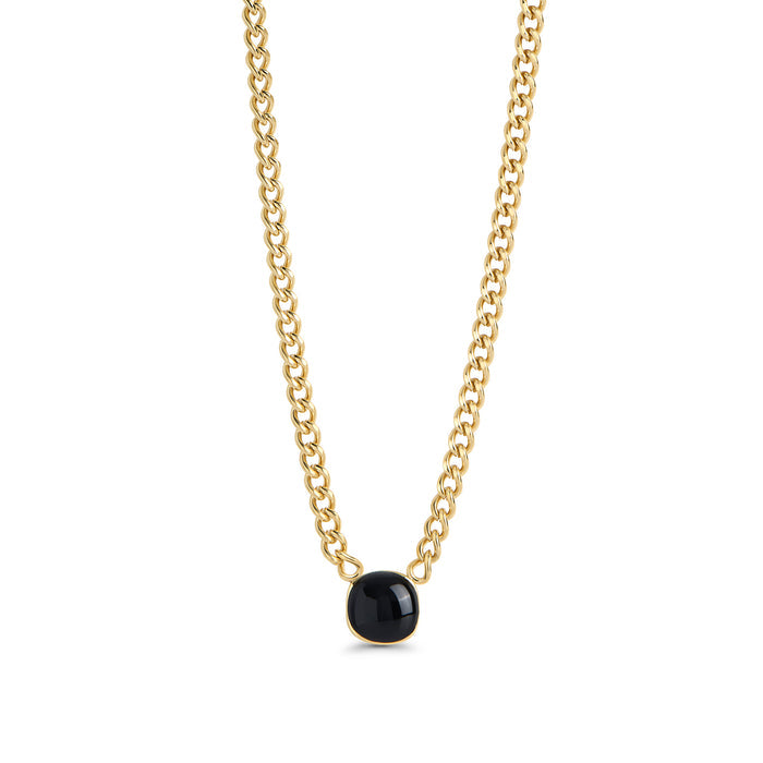Gold stainless steel chain necklace with black onyx square pendant, bold minimalist statement jewelry, hypoallergenic non-tarnish durable design.