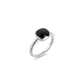 Silver stainless steel ring with black gemstone, twisted band design with polished oval stone, bold minimalist statement ring with modern elegant style.