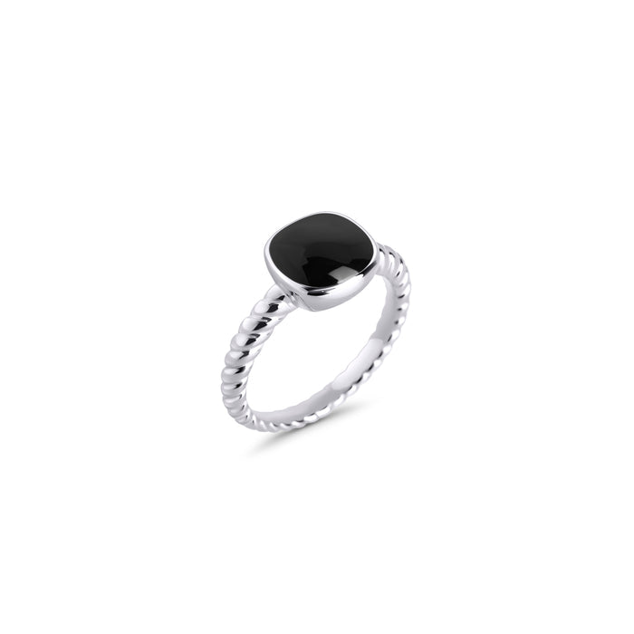 Silver stainless steel ring with black gemstone, twisted band design with polished oval stone, bold minimalist statement ring with modern elegant style.