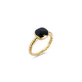 Gold stainless steel ring with black gemstone, twisted band design with polished oval stone, bold minimalist statement ring with modern elegant style.