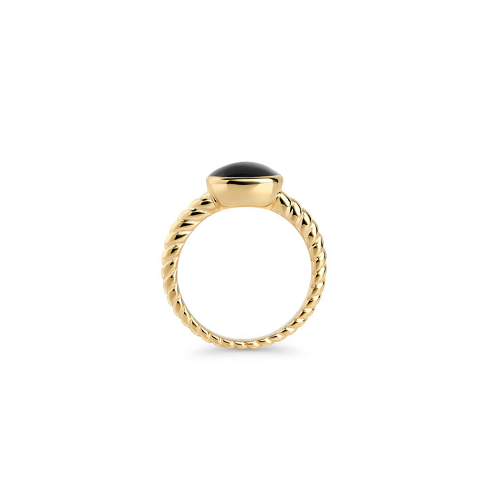 Gold stainless steel ring with black gemstone, twisted band design with polished oval stone, bold minimalist statement ring with modern elegant style.