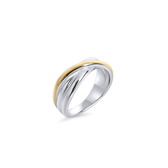 Two-tone crossover ring in gold and silver stainless steel, modern twisted design with high-polish finish, durable everyday jewelry crafted for comfort and long-lasting shine in Canada.