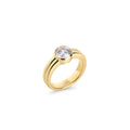 Gold stainless steel solitaire ring with round cubic zirconia stone, minimalist durable ring design, hypoallergenic jewelry safe for sensitive skin, elegant everyday statement ring.