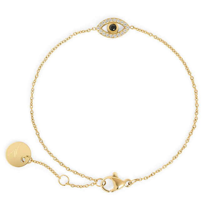 Dainty evil eye gold chain bracelet with black stone and cubic zirconia – hypoallergenic, waterproof & non-tarnish stainless steel bracelet for sensitive skin by Mia Bijoux Canada