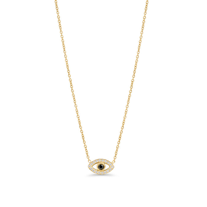 Evil eye gold pendant necklace with black stone center and cubic zirconia – hypoallergenic, non-tarnish stainless steel necklace for sensitive skin by Mia Bijoux Canada