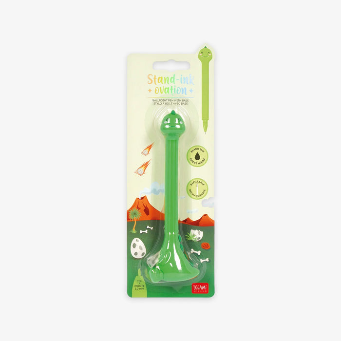 Dino stand-up ballpoint pen with base with packaging on a white background