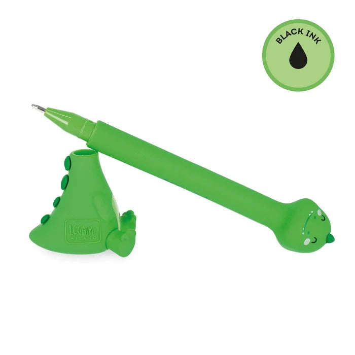 Green dinosaur-shaped pen with black ink indicator on a white background
