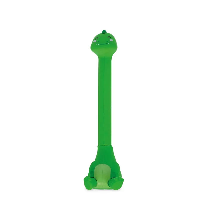 Green dino-shaped pen with base on a white background