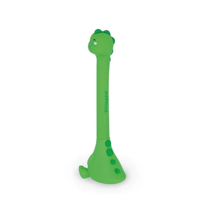 Green dinosaur-shaped pen with base on a white background