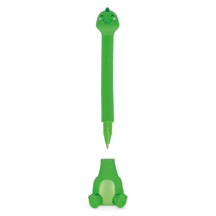 Green dino-shaped pen with base on a white background
