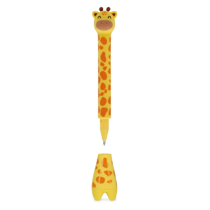 Giraffe-shaped pen with a matching yellow stand on a white background