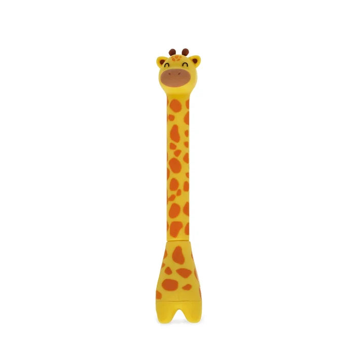 Giraffe-shaped ballpoint pen with base on a white background