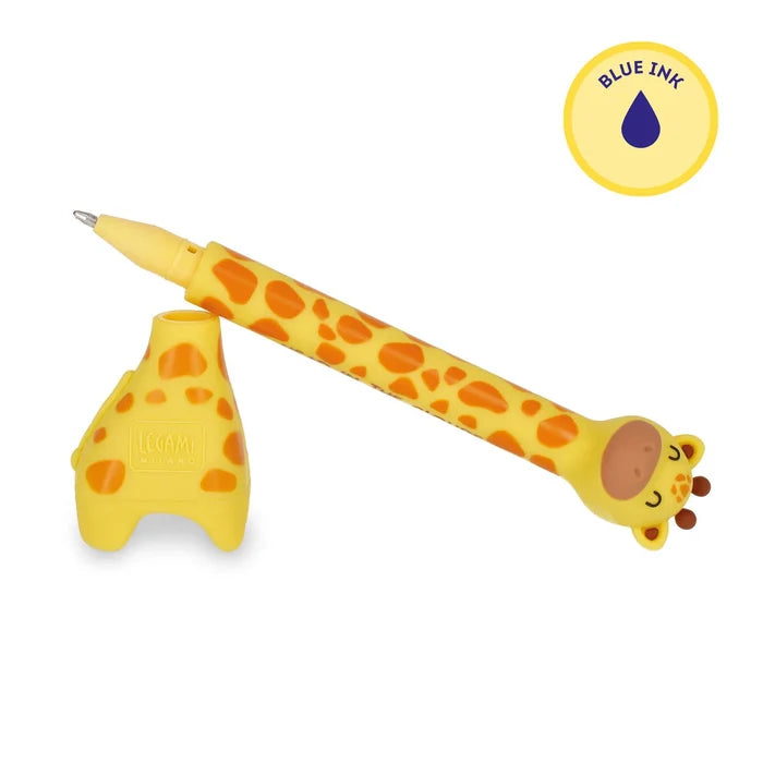 Giraffe-shaped pen with blue ink indicator on a white background