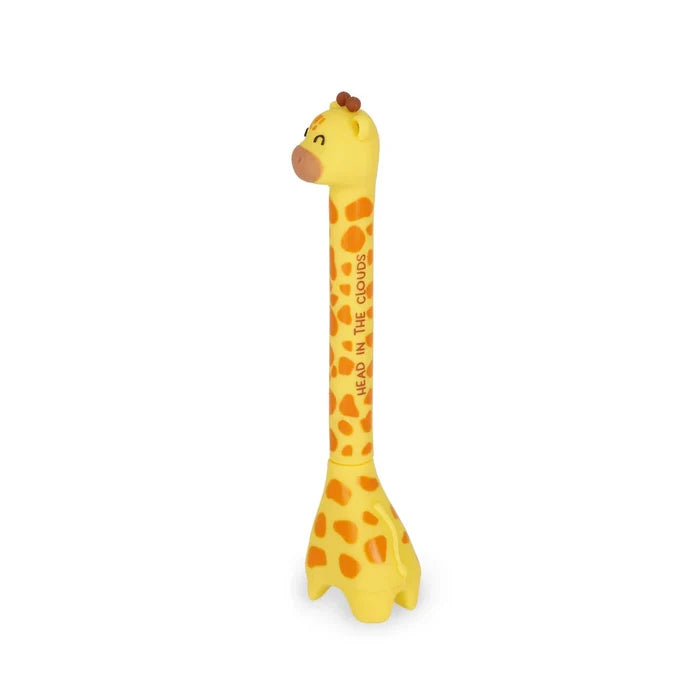 Giraffe-shaped ballpoint pen with base on a white background