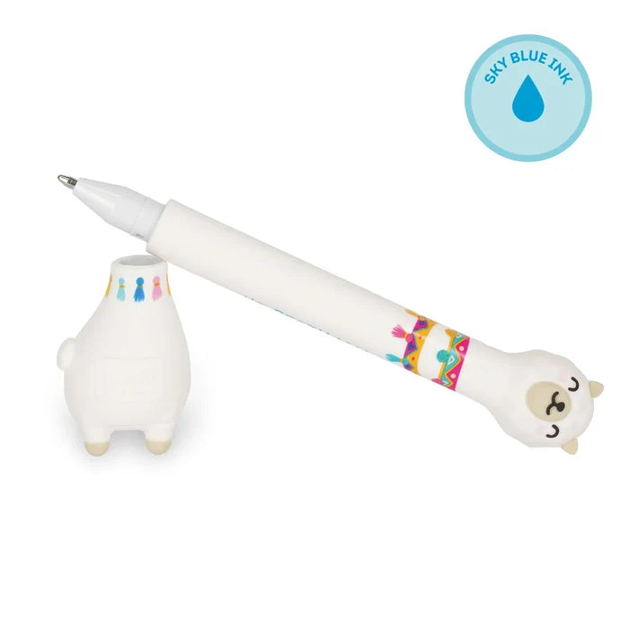 llama-shaped ballpoint pen with base and a sky blue ink indicator on a white background