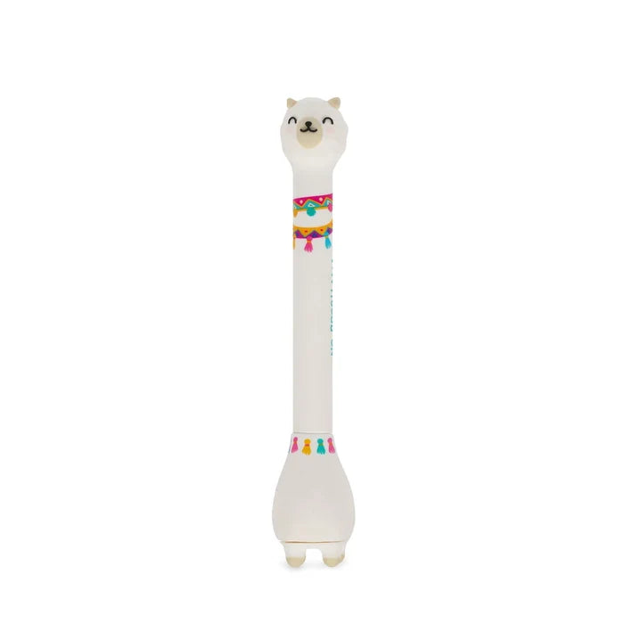 Unicorn-shaped ballpoint pen with base on a white background