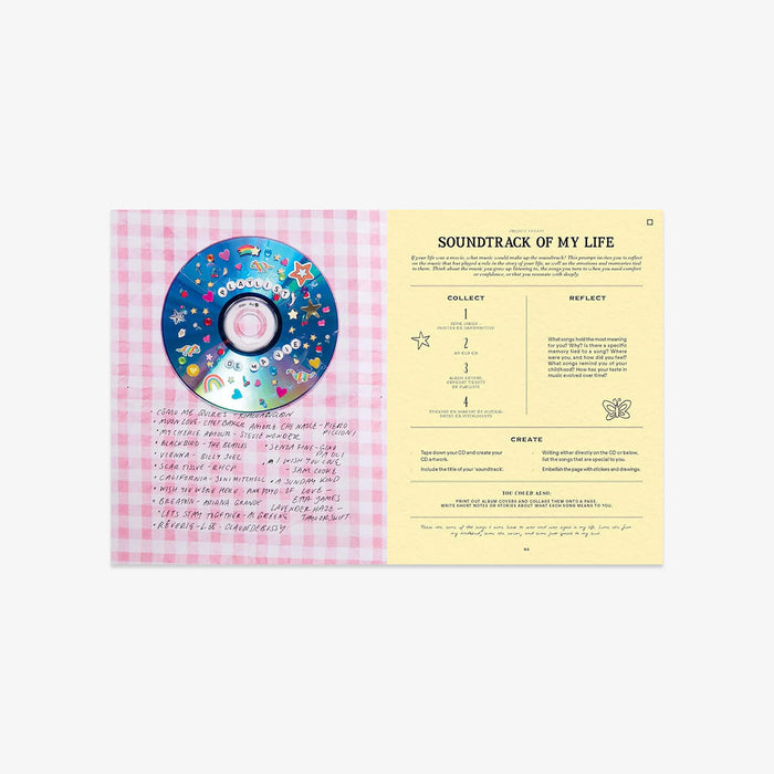 Page in a book featuring a CD with a pink checkered sleeve and yellow inner cover titled 'Soundtrack of My Life' on a white background.