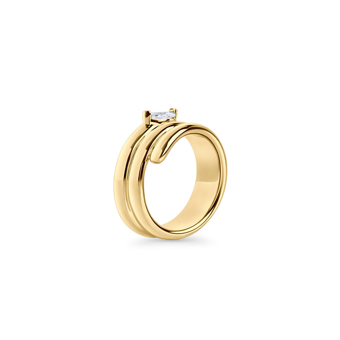 Gold stainless steel sculptural ring with marquise-cut cubic zirconia, modern layered band design, hypoallergenic non-tarnish durable ring, elegant contemporary statement jewelry.