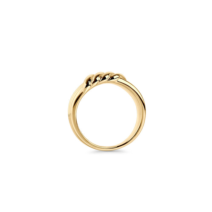 Gold stainless steel ribbed statement ring, sculptural textured band design, hypoallergenic non-tarnish durable jewelry, bold modern fashion ring for everyday wear.