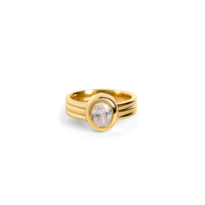 Front view of a gold ring with a round clear stone and a ridged band on a white background. Nickel-free, waterproof & tarnish-resistant stainless steel ring for sensitive skin, minimalist luxury jewelry by Mia Bijoux Canada.

Vue de face d'une bague dorée sertie d'une pierre transparente ronde, à anneau strié, sur fond blanc. Bague en acier inoxydable sans nickel, résistante à l'eau et anti-ternissement pour peaux sensibles, bijouterie de luxe minimaliste par Mia Bijoux Canada.