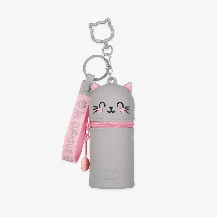 Cat-shaped keychain with a pouch on a white background