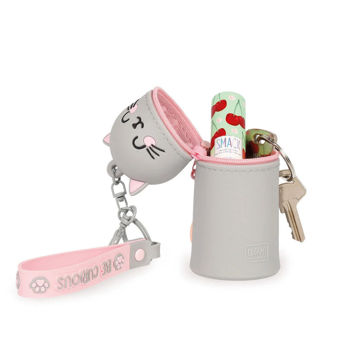 Gray cat-shaped keychain with pink accents and a small pouch on a white background