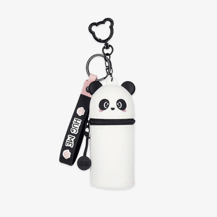 Panda-shaped keychain with a white pouch on a light pink background