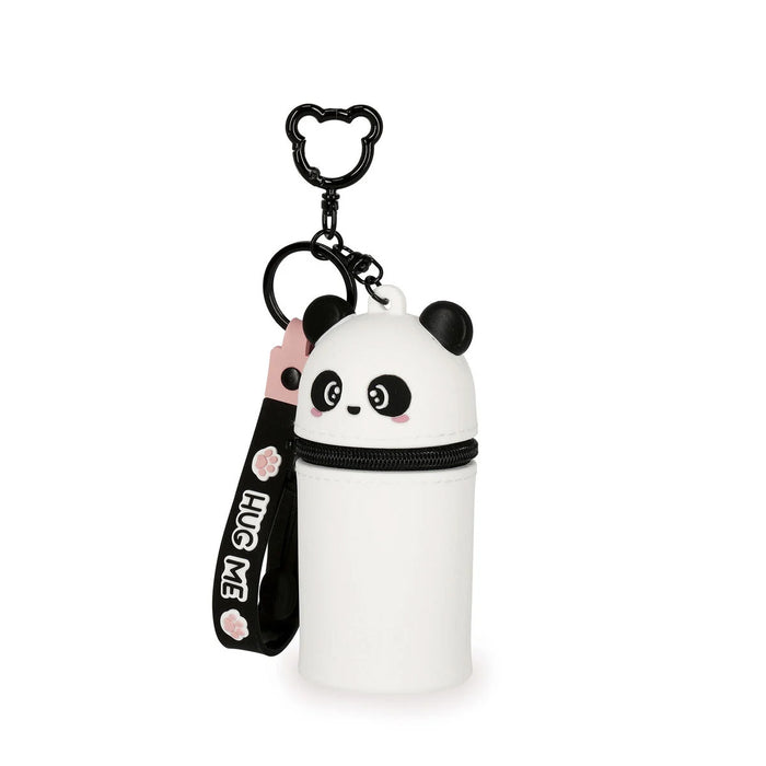 Panda-shaped keychain with a black strap on a white background