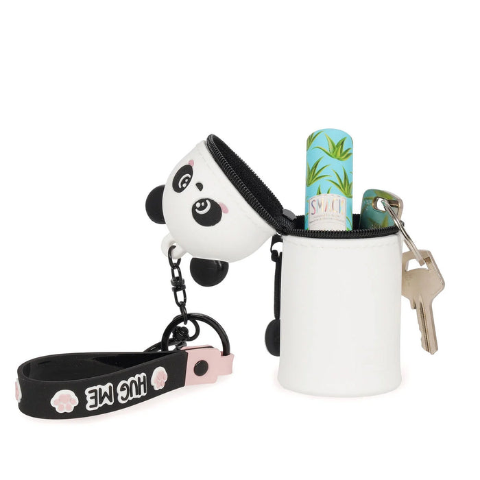 Panda-shaped keychain case with a lanyard, small container, and keys on a white background