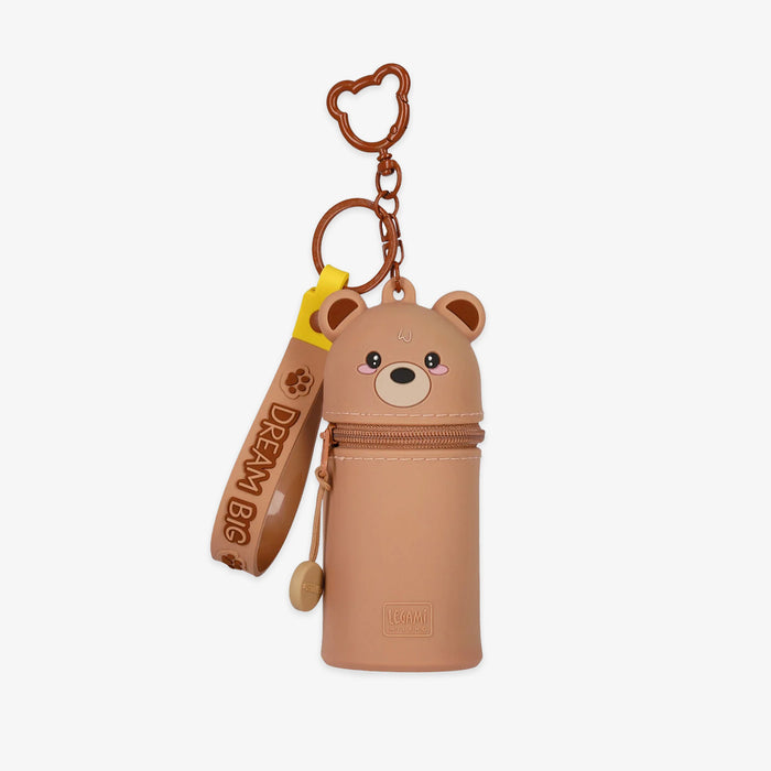 Bear-shaped keychain with a strap on a white background