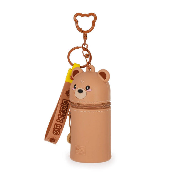 Brown bear-shaped keychain with a strap on a white background