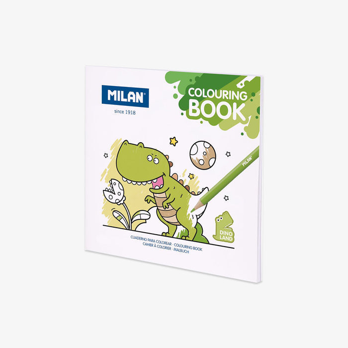 Milan colouring book with dinosaur illustration on a white background