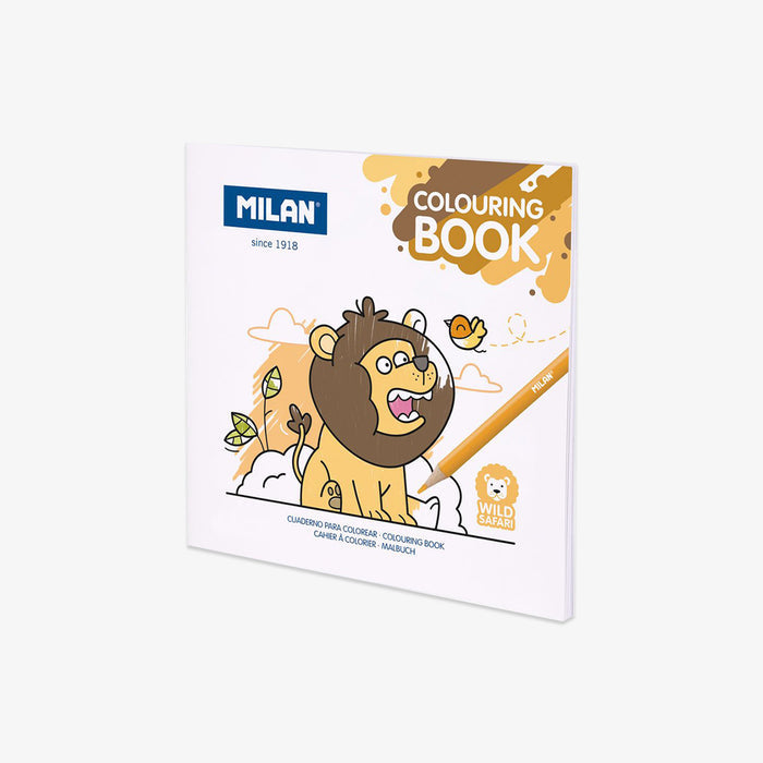 Milan colouring book with a cartoon lion on a white background