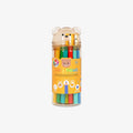 Tube of colorful pencils with a bear-shaped lid on a white background