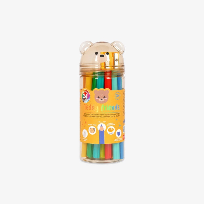 Tube of colorful pencils with a bear-shaped lid on a white background