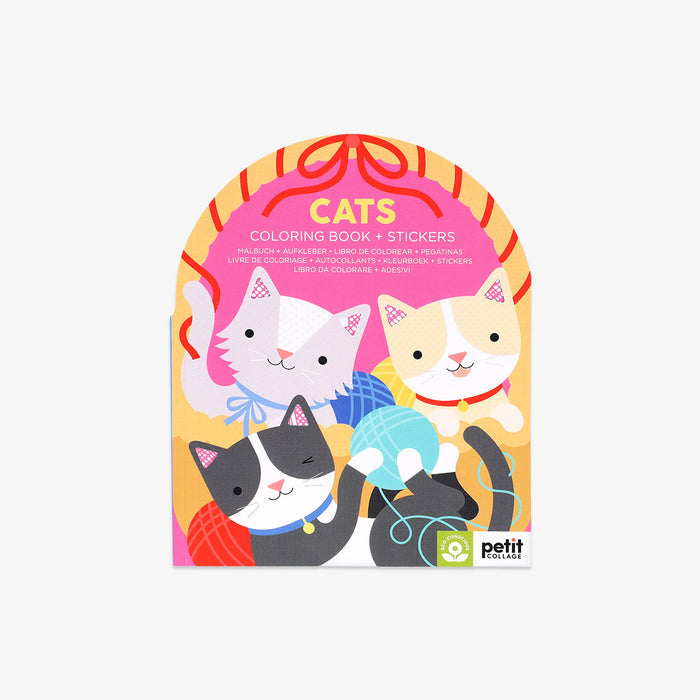 Coloring book and stickers set with cat illustrations on a white background