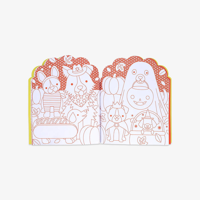 Illustrated pages with dog characters on a white background