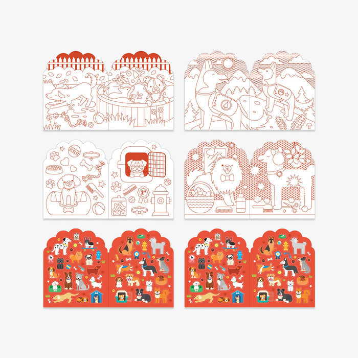 Set of dog-themed decorative pages with illustrations on a white background