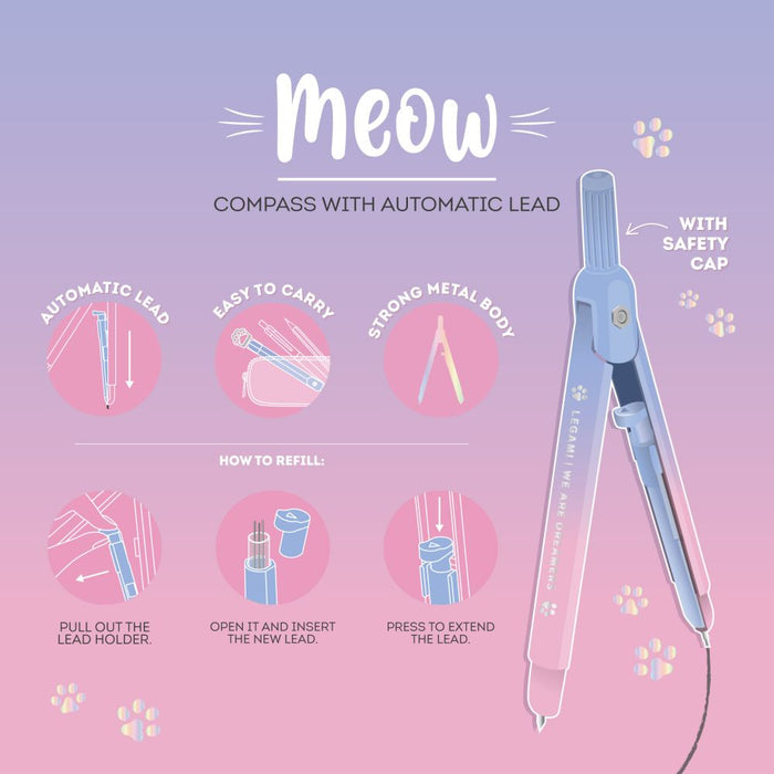 Compass with automatic lead on a pink and purple gradient background with 'meow' text.