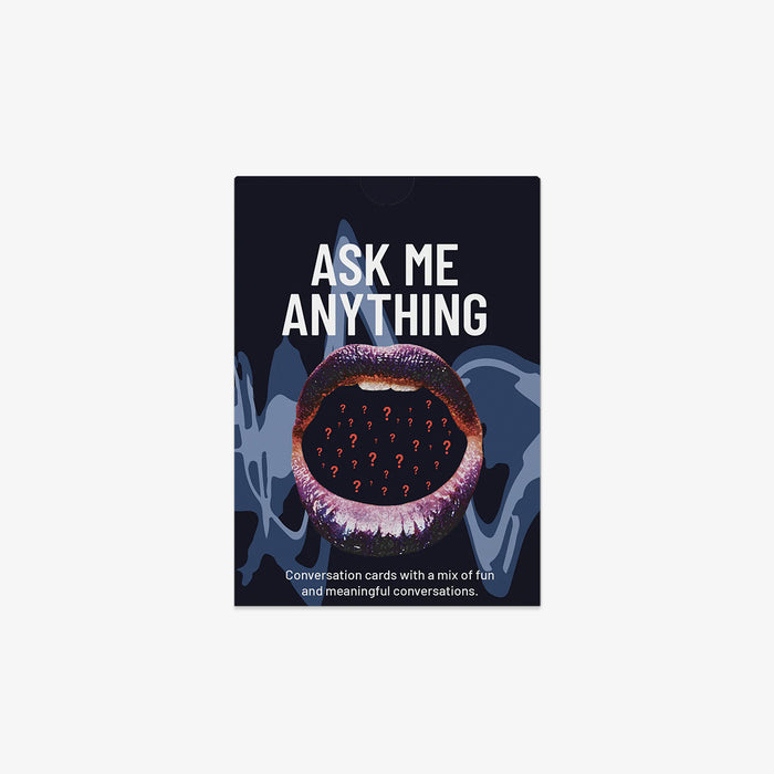 Card with an open mouth graphic and 'Ask Me Anything' text on a dark background