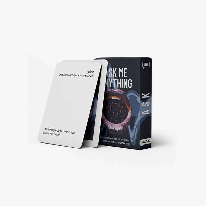 Card game packaging with a question card and box on a white background