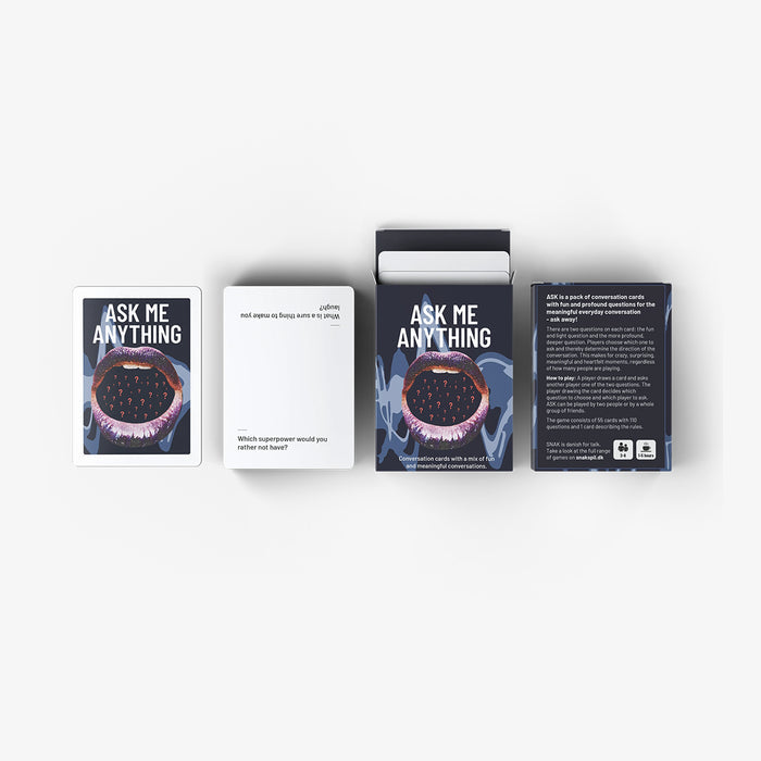 Set of 'Ask Me Anything' card games on a white background