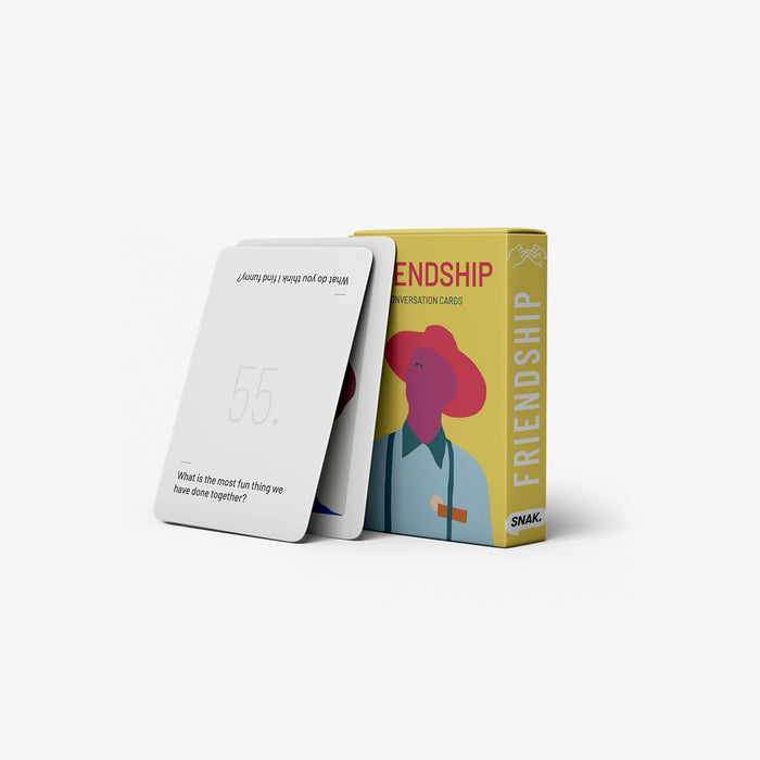 Conversation Card packaging with two cards showing text and a colorful illustration on a white background